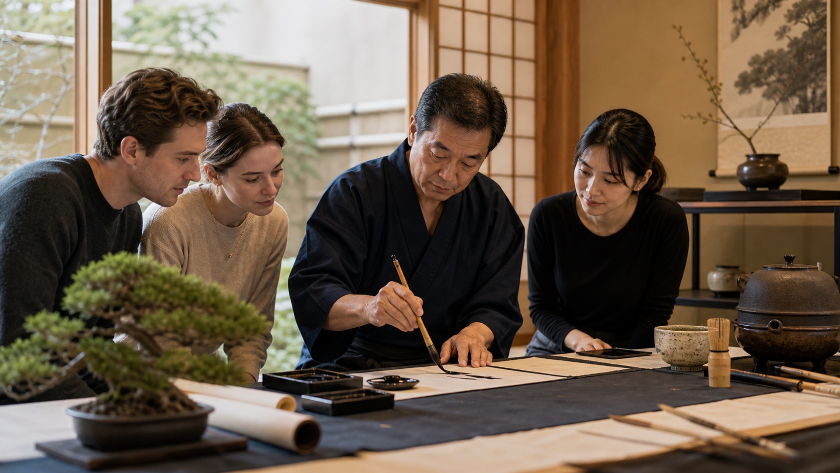 Japanese cultural workshop with bonsai and calligraphy