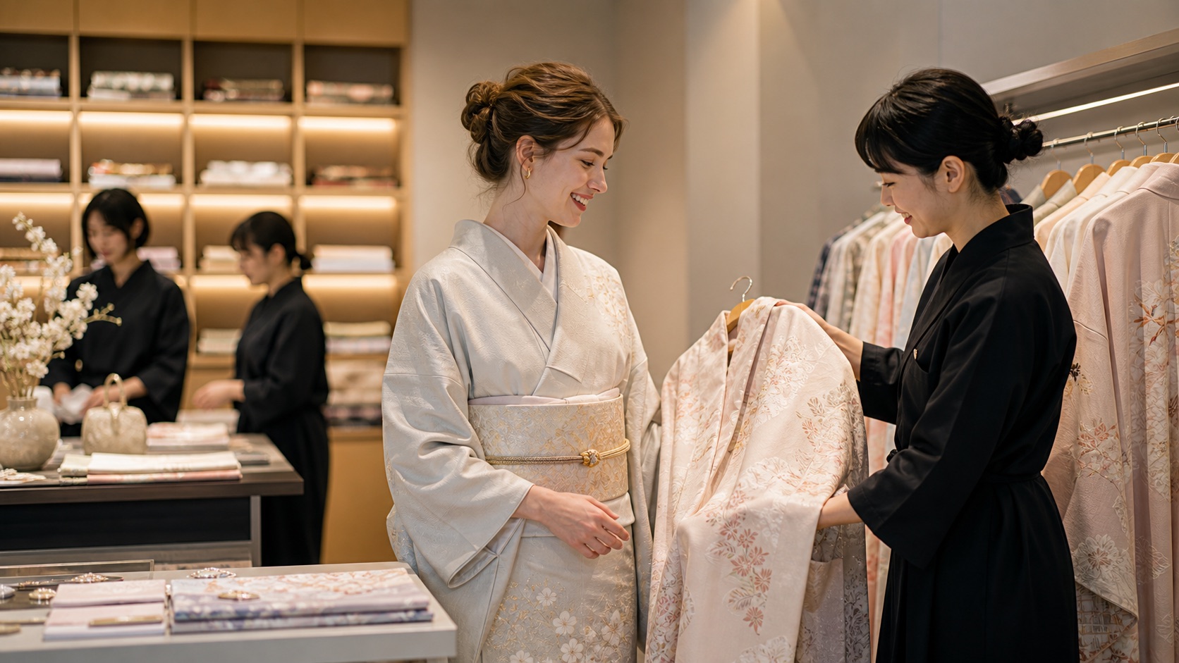 Kimono rental studio assisting an international traveler