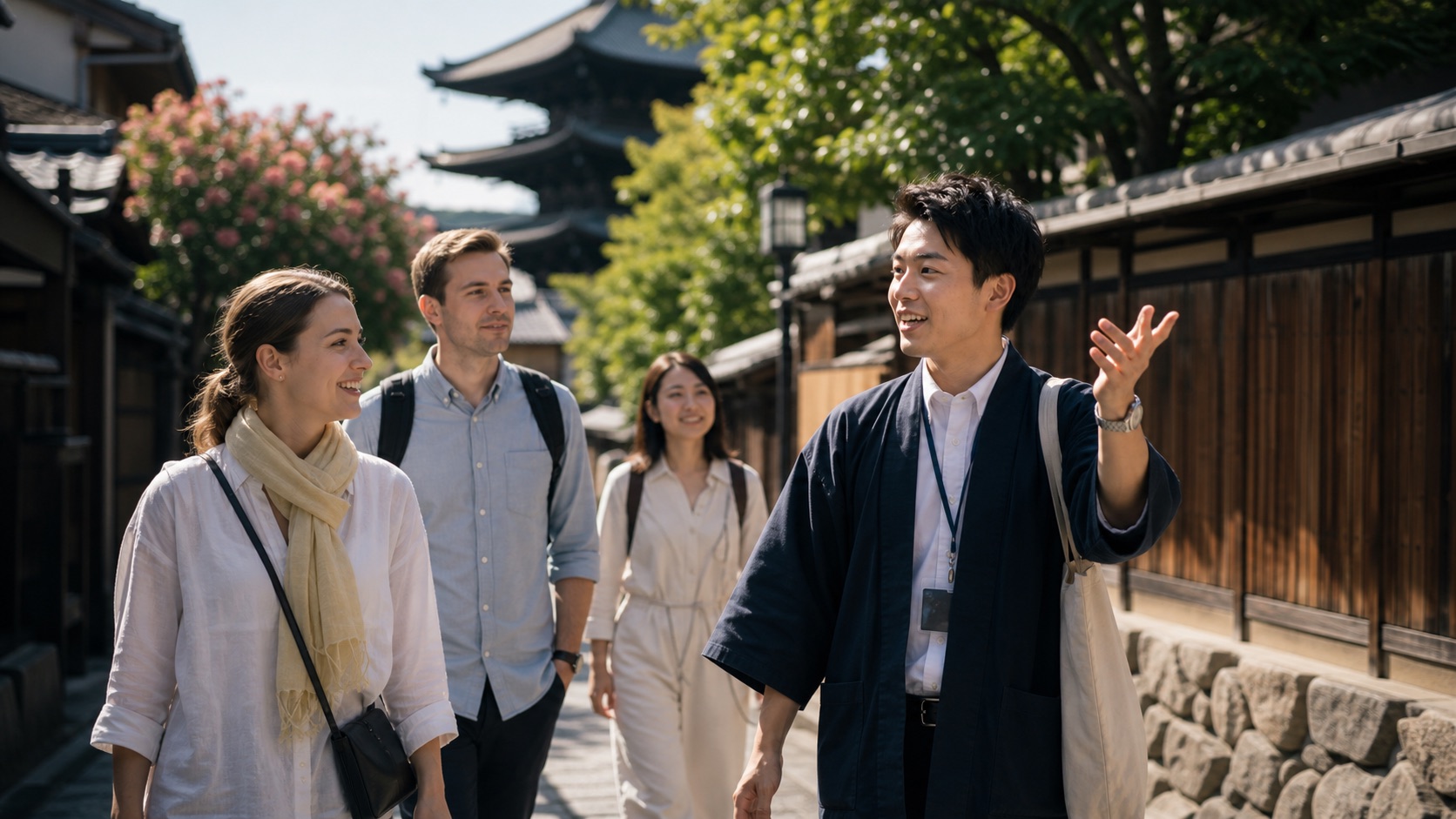 Tour guide leading international travelers in Kyoto